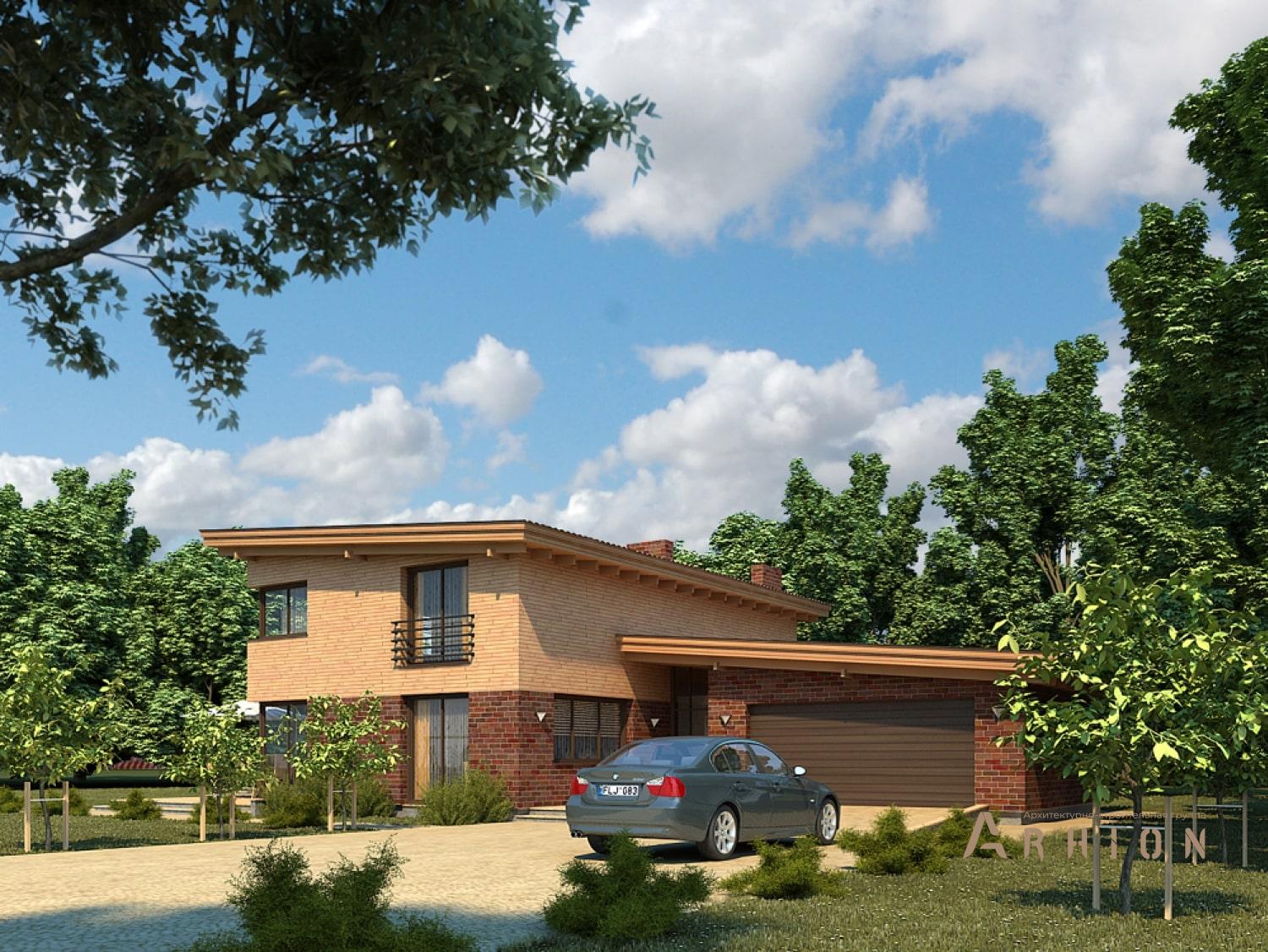 2. Проект двухэтажного дома в европейском стиле с односкатной кровлей, 99-203, площадью - 202 кв c терассой, балконом, гаражом